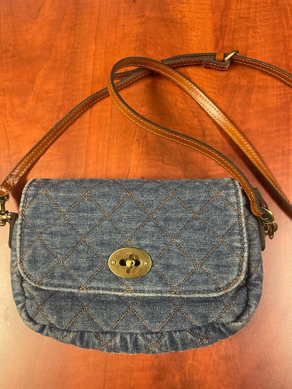 Patricia Nash Quilted Bonny Denim Crossbody Bag with Tan Leather Strap